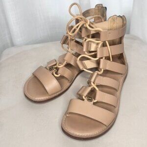 Michael Kors Lace-Up Gladiator Sandals Tan Leather Gold MK Logo Size 7
